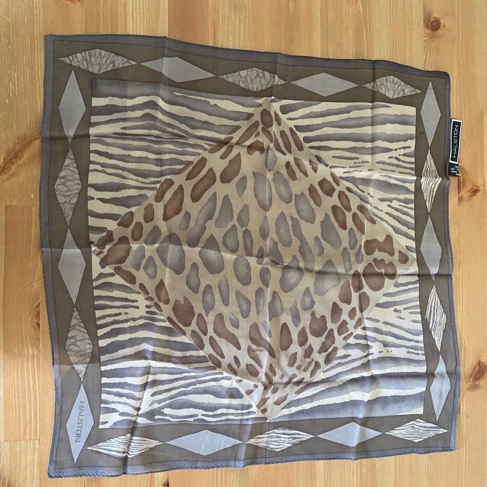 VTG Halston Silk Scarf Brown Grey Animal Print Leopard Zebra Square